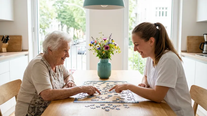 Daily companion and elderly woman doing a puzzle together at the kitchen table