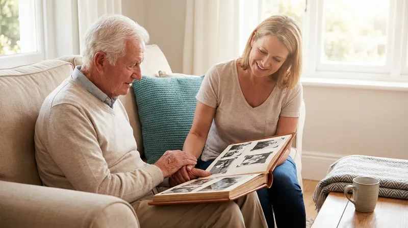 Companion and elderly woman looking through old photo albums together