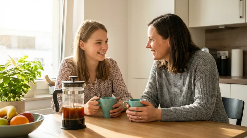 Mother and babysitter getting to know each other at the kitchen table