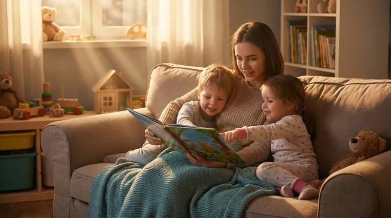 Babysitter reading a picture book to children on the couch