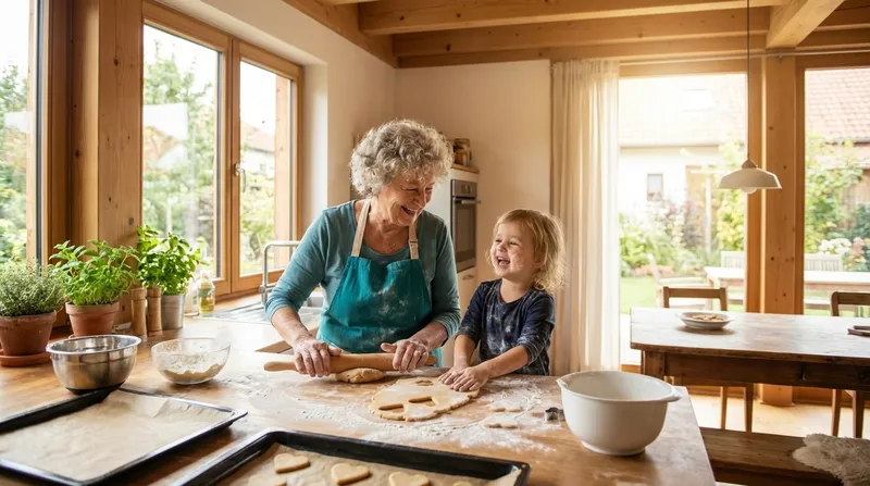 Surrogate grandmother baking cookies with a toddler in the kitchen