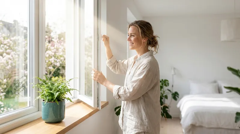 Woman opening a window on a sunny spring morning — fresh air streaming into a clean room