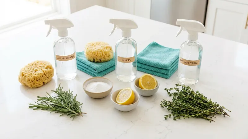 Neatly arranged natural cleaning supplies on a bright worktop — baking soda, lemon and microfibre cloths
