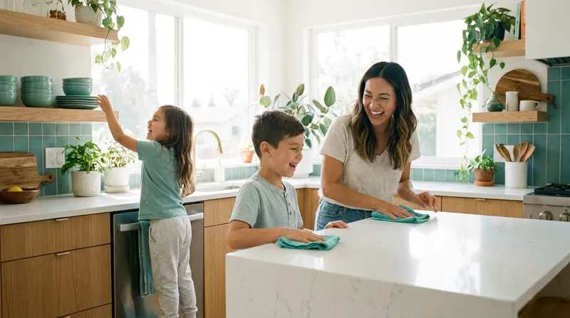 Family cleaning the kitchen together — mother and children wiping surfaces and tidying up cheerfully