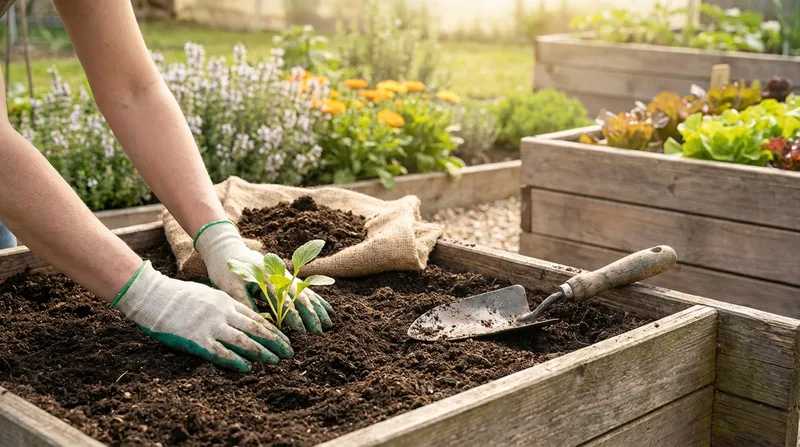 Hands planting seedlings in a prepared bed with nutrient-rich soil and compost