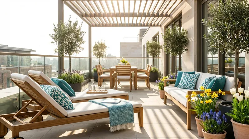 Inviting terrace with freshly cleaned garden furniture and spring planting — ready for the new season