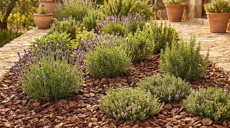 Gemulchtes Beet mit mediterranen Kräutern