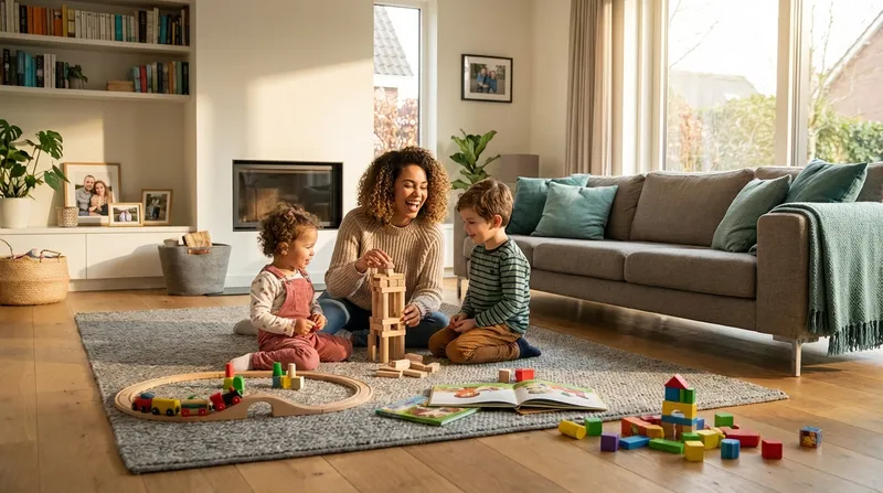 Babysitter playing with children in a bright living room