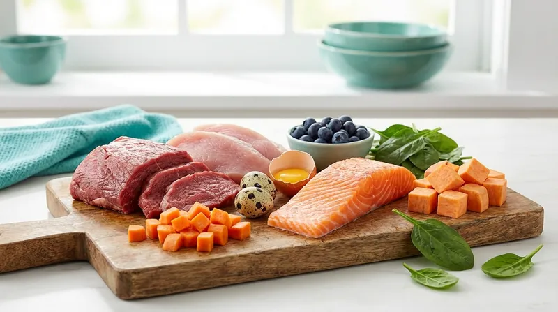 Fresh ingredients for species-appropriate pet food on a wooden board — meat, fish, eggs and vegetables