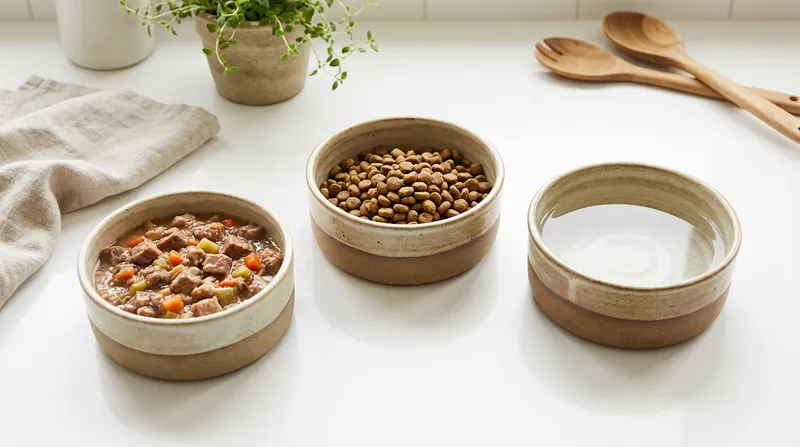 Wet food and dry kibble side by side in ceramic bowls — two feeding options compared