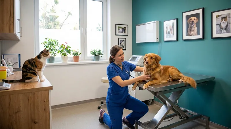 Veterinarian examining a dog on the treatment table — regular check-ups are part of healthy nutrition