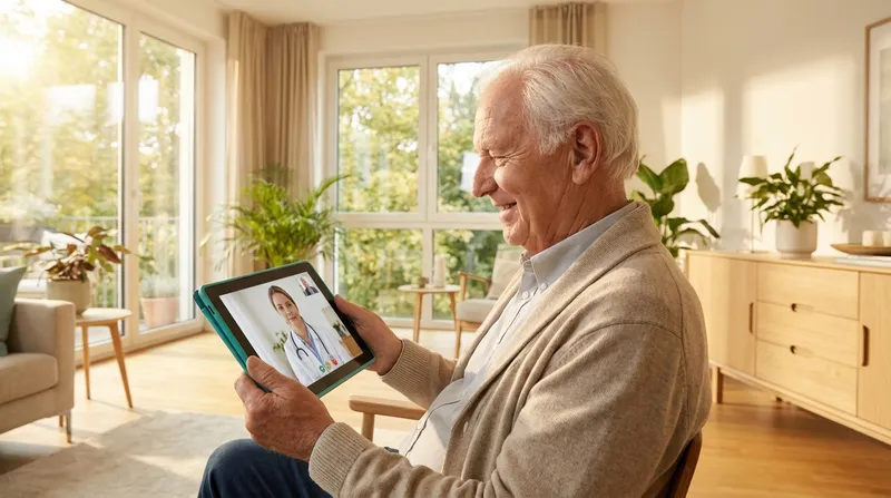 Senior using a tablet for a video doctor appointment