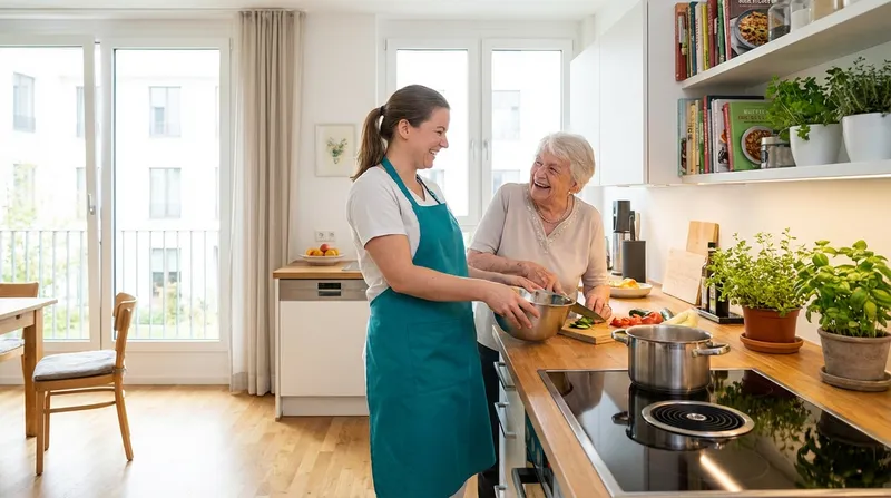 Daily helper supporting a senior woman with cooking