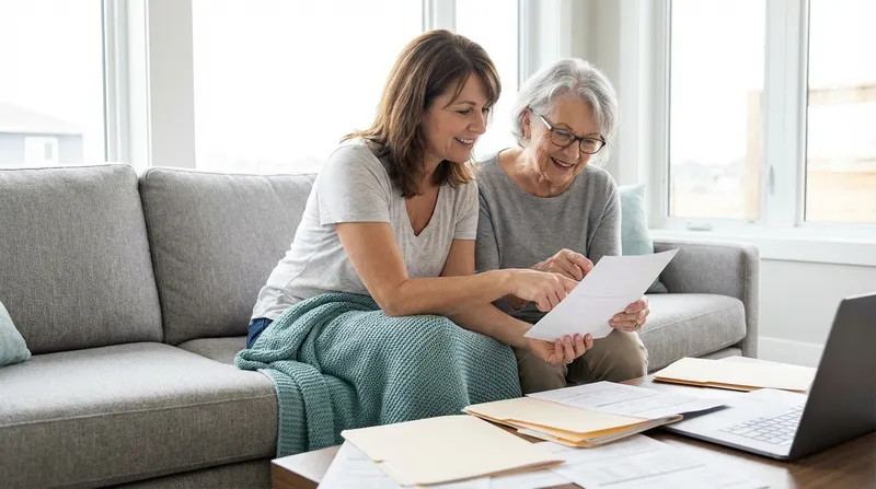 Daughter and mother planning care together on the couch
