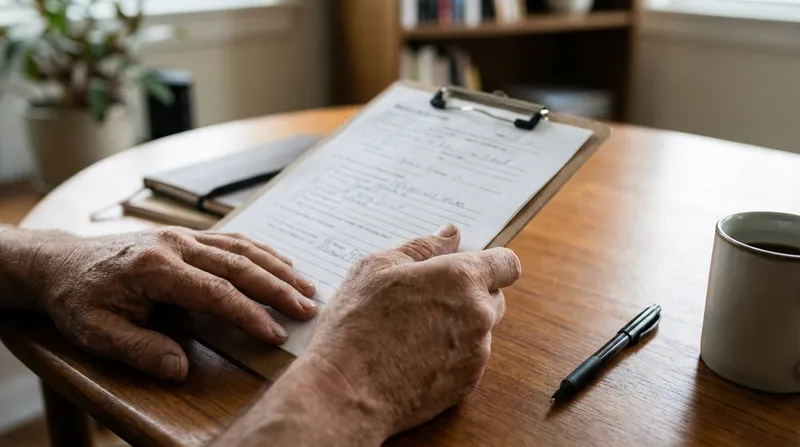 Hände einer Haushaltshilfe halten ein Anmeldeformular am Tisch