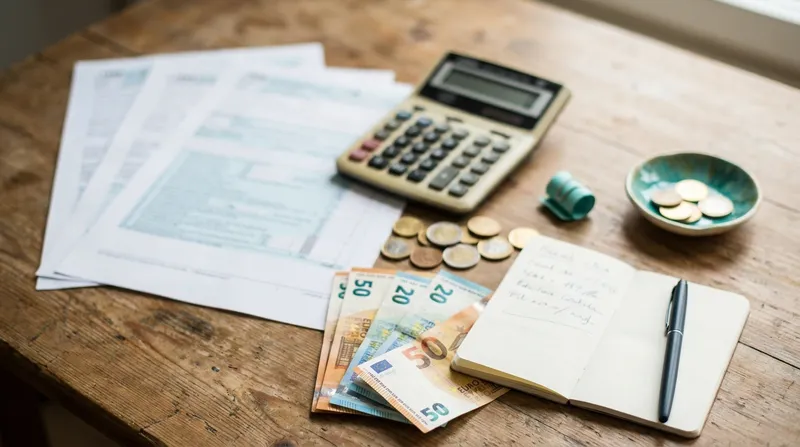 Steuerformular mit Taschenrechner und Euro-Münzen auf Schreibtisch
